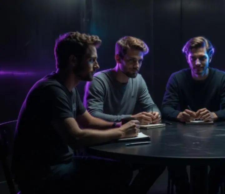 Indie fejlesztőcsapat sötét, neonlila megvilágításban – Dreamwalker alkotói