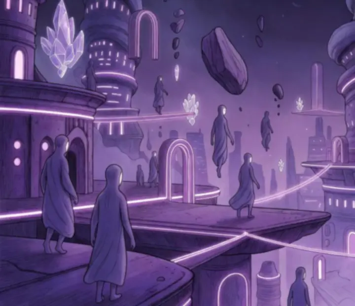 Dreamwalker koncepciós művészet – szürreális álomvilág, lebegő szigetek és árnyékos karakterek