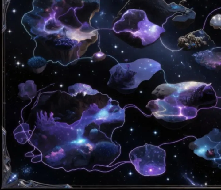 Dreamwalker álomvilágok stilizált, neonlila világtérképe lebegő szigetekkel és fényösvényekkel.