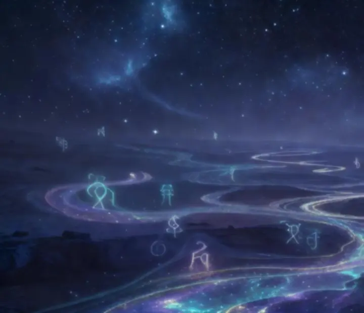 Sötét, csillagos éjszakai háttér lila fényködökkel – a Dreamwalker lore hangulata