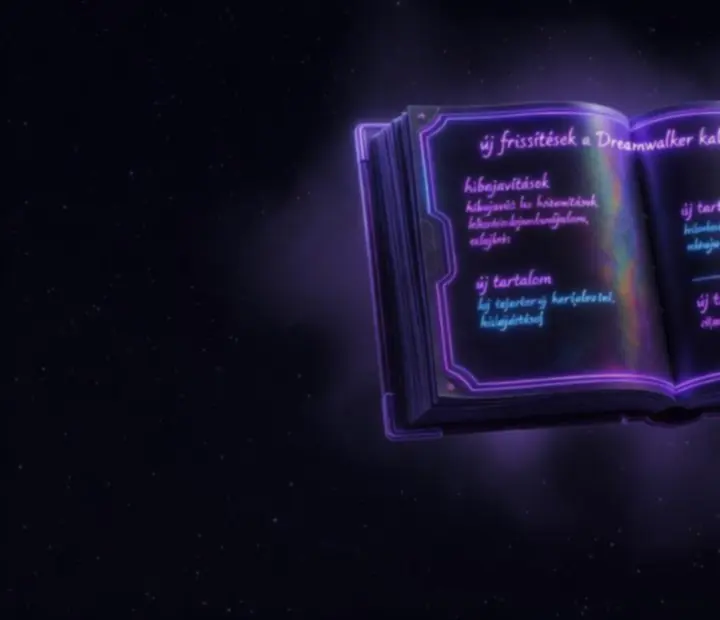 Fénylő patch notes panel sötét álomvilág háttérrel a Dreamwalker játékhoz